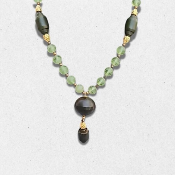 Glass Lucite Cylinder Beaded Necklace Lightweight Frosted Dark Green Women's OS - Picture 2 of 4